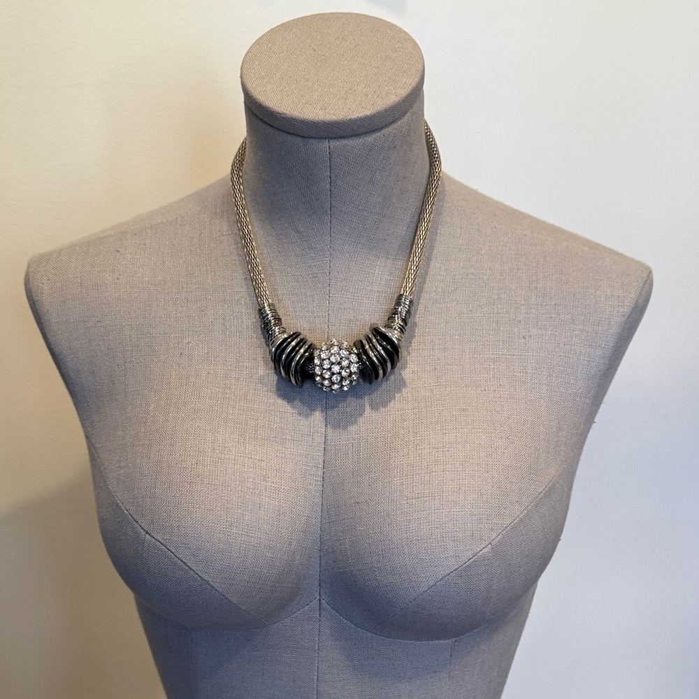 Silver-Tone Statement Necklace with Rhinestone Center